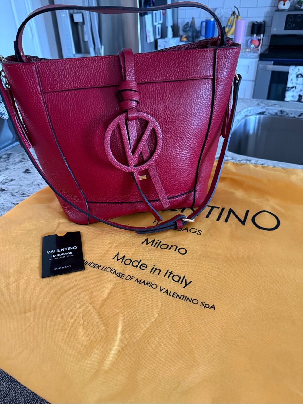 Valentino Red Pebbled Leather Shoulder Tote with V Logo